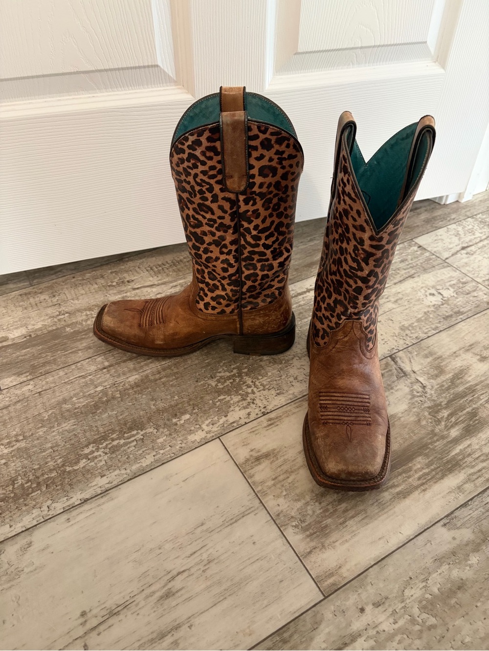 Ariat Brown Cheetah Cowboy Boots with Teal Inner